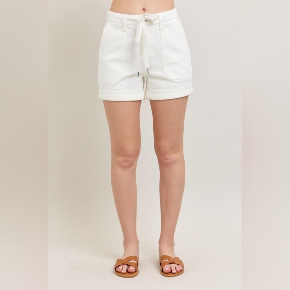 Judy Blue High Rise Jogger Denim Shorts Cuffed Tie Waist White Stretch S-3XL NEW - Picture 3 of 15